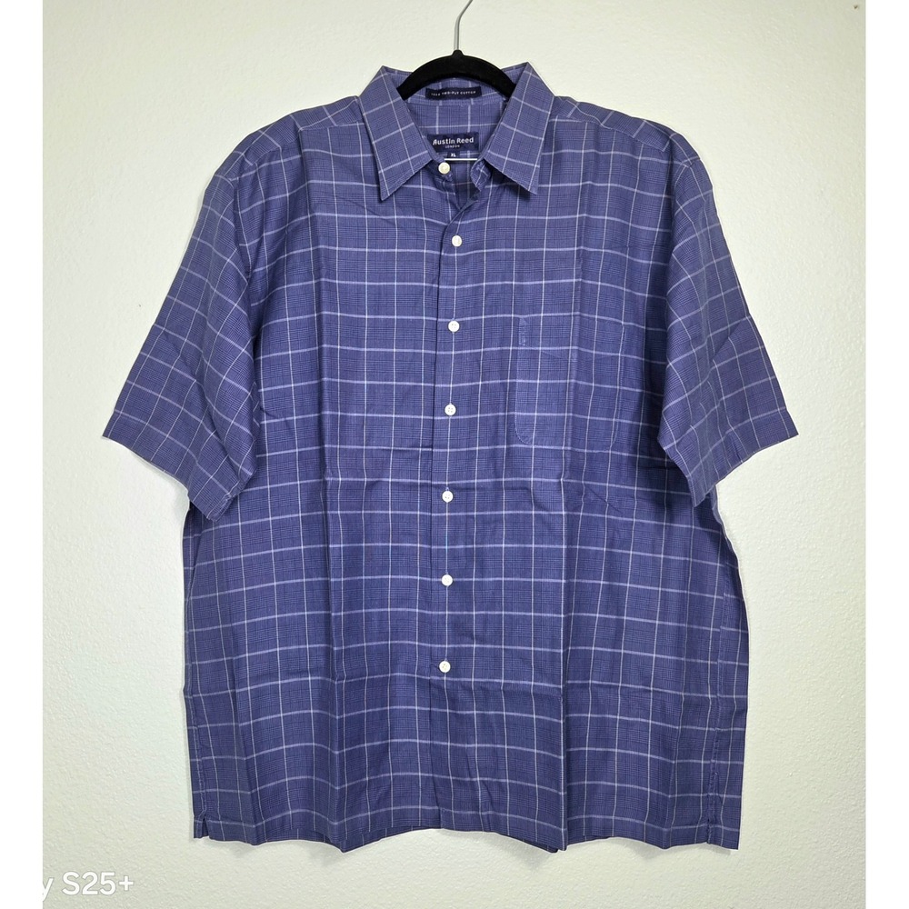 Austin Reed London Mens XL Blue Grid Check 100s Two-Ply Cotton Button Down Shirt